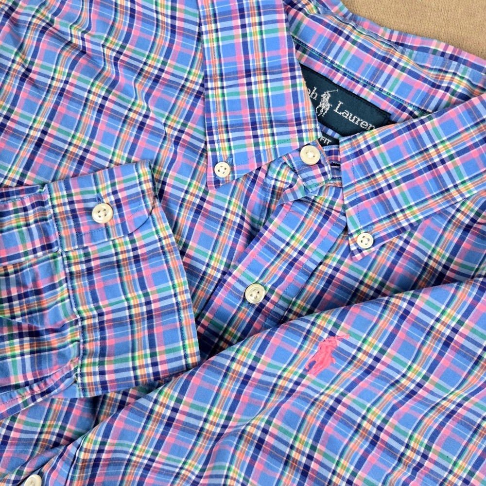 Ralph Lauren Mens Custom Fit Plaid Button Down Shirt Blue Pink Large L